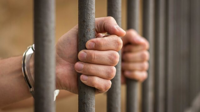 Close-up of a person's hands wearing metal handcuffs, gripping vertical iron prison bars in a detention facility or jail cell setting