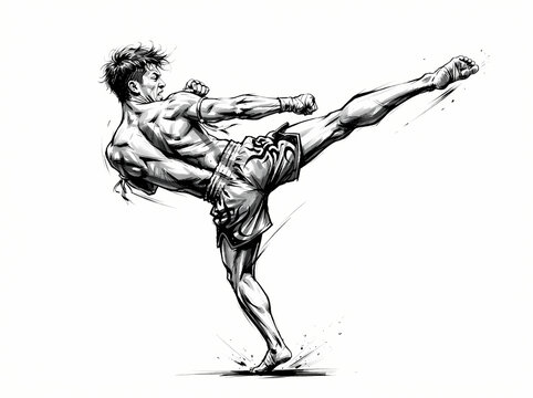 Dynamic pencil sketch of a martial artist performing a high side kick.