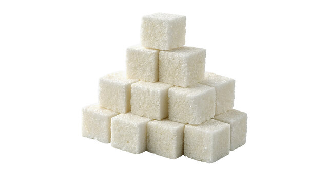 Pyramid stack of white refined sugar cubes isolated on transparent background
