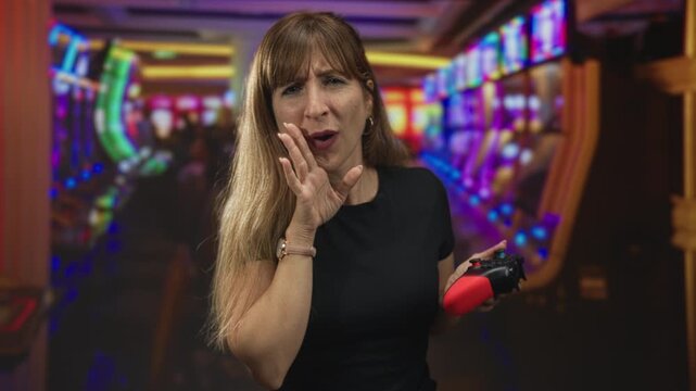 Woman holding red game controller, hand at mouth shouting amid slot machines and neon lights in casino building; frustration.