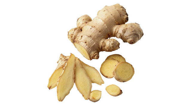 Fresh raw ginger root slices layout isolated on transparent background