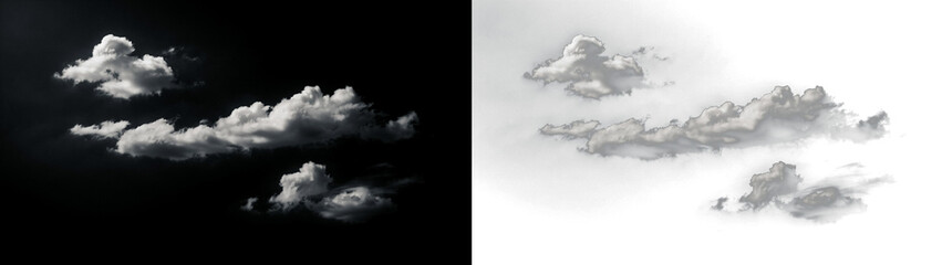 Naklejka premium Set of white clouds isolated on black background and transparent background, realistic cumulus cloud formations for sky replacement and photo editing