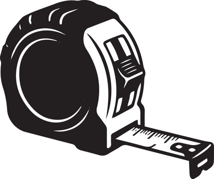 Black construction measuring tape tool vector icon, representing length measurement, construction work, building tools, and professional hardware equipment