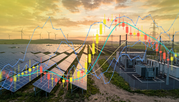 Solar energy farm with overlaying financial stock market candlestick charts representing renewable energy investment growth and economic trends.