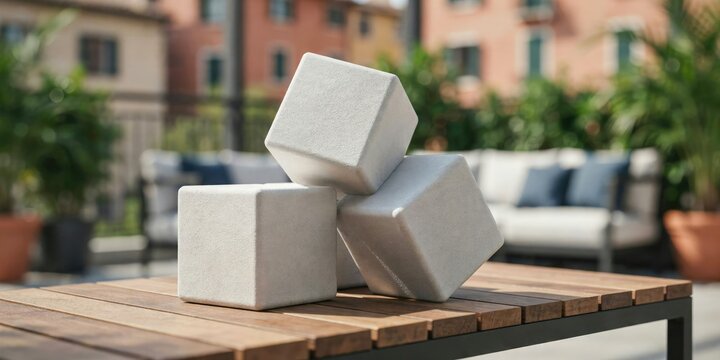 Three stacked white textured stone cubes on a wooden outdoor table with a blurred patio lounge area in the background