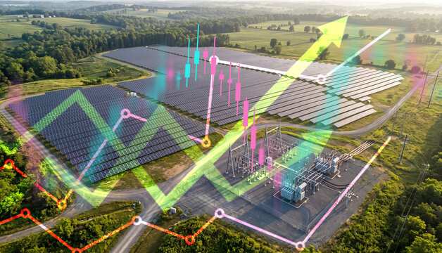 Aerial view of a solar power plant with colorful financial growth charts overlay symbolizing successful green energy market investment.