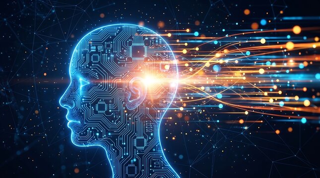 Human head silhouette made of circuit board pattern with glowing neural network fiber optic data streams