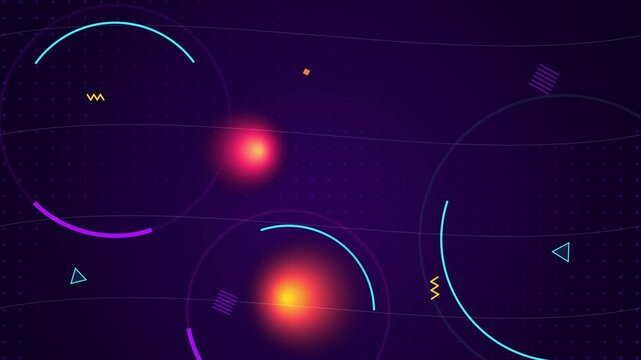 Abstract neon memphis style motion background, with glowing circles, and geometric shapes, for modern digital