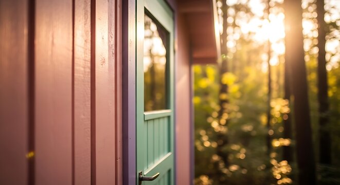 A close up view of a colorful cabin door nestled within a sunlit forest glade with vibrant purple cabin