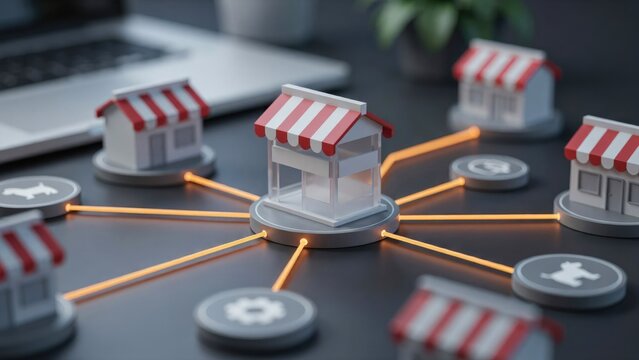 3D render of a central storefront connected to multiple satellite shops and icons by glowing orange lines on a dark desk surface