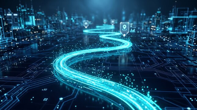 Glowing blue fiber optic data highway traversing through cyber city grid 3D render