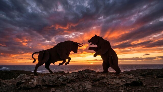Bull and bear silhouettes confronting each other at dramatic sunset representing stock market volatility and trading conflict