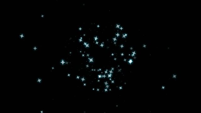 Electric cyan magic stardust burst on black background, glowing cyber particle explosion, futuristic celestial twinkle scatter, anime energy spell overlay, technology video presentation assets.