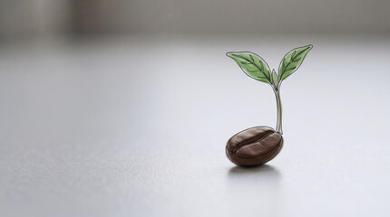 Naklejka premium Coffee bean sprouting with fresh green leaves on light reflective surface