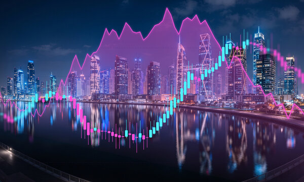 Futuristic cityscape at night with a vibrant stock market graph overlay, reflecting financial growth and technological advancement over water.