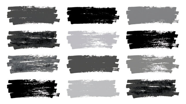 Collection of rough texture brush strokes in monochrome, ideal for design elements and backgrounds