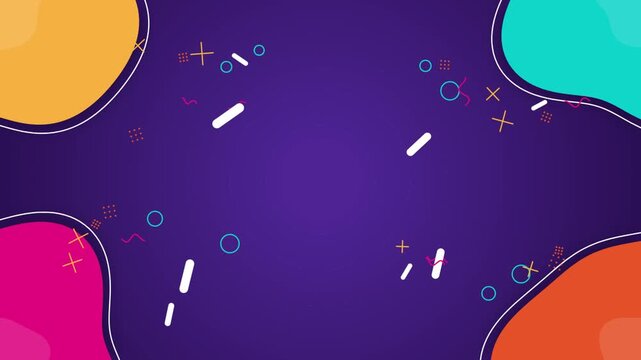 Abstract memphis style motion background, with floating geometric, shapes and vibrant, colorful liquid