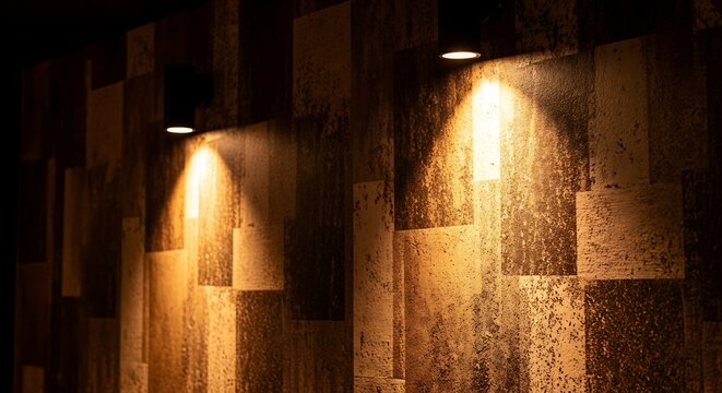 Two modern wall lamps illuminate a textured patterned wall with warm light in a dark room with geometric tiles distressed