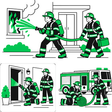 Firefighters extinguishing building fire and using equipment vector