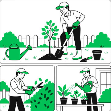 Gardener planting tree trimming hedge and watering plants vector set