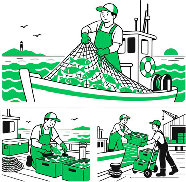Fishermen catching fish with net and sorting crates illustration