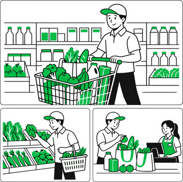 Grocery shopping vector illustration set with customer and supermarket