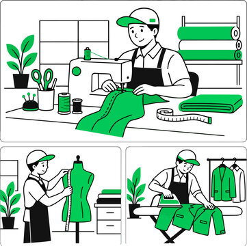 tailor sewing and measuring clothes in a workshop illustration