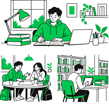 Students studying and collaborating in modern line art style