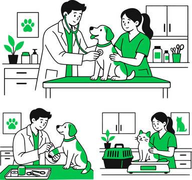 Veterinarian examining dog and cat in veterinary clinic