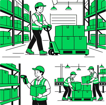 Warehouse workers managing inventory and fulfillment illustration