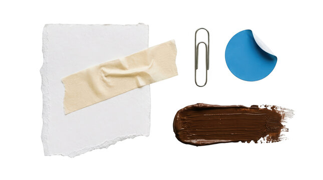 Stationery items including paper, tape, paperclip, sticker, and paint stroke isolated on transparent background