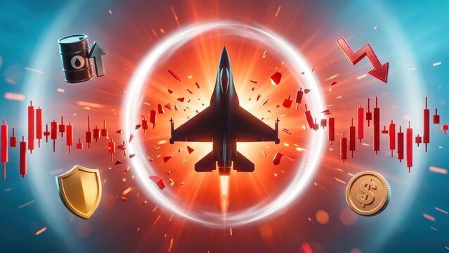 Market Shock &ndash; Fighter Jet Silhouette Breaking Through Falling Stock Chart

