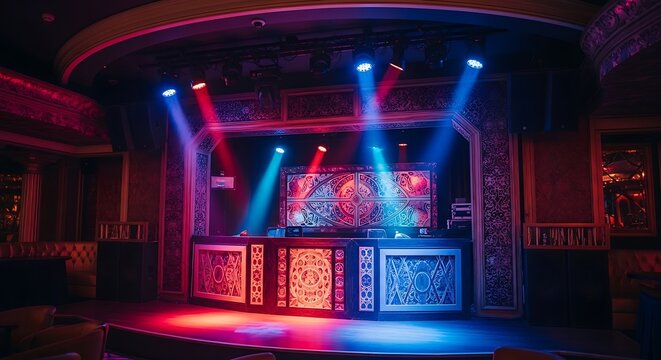 A dimly lit nightclub stage with colorful spotlights reflecting on the ornate dj booth interior with decorative booth illuminated
