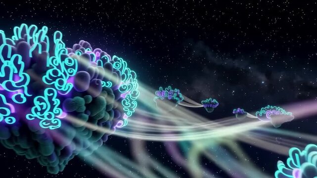 Abstract animated cosmic organisms drifting through space with luminous tendrils and flowing trails, surrounded by stars and nebula clouds in a surreal digital universe scene