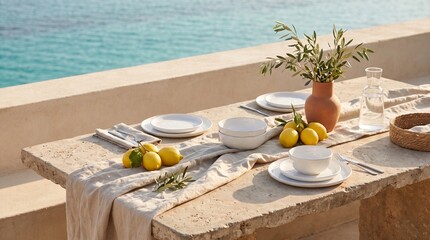 Fototapeta premium Mediterranean Summer Table with Lemons and Olive Branches