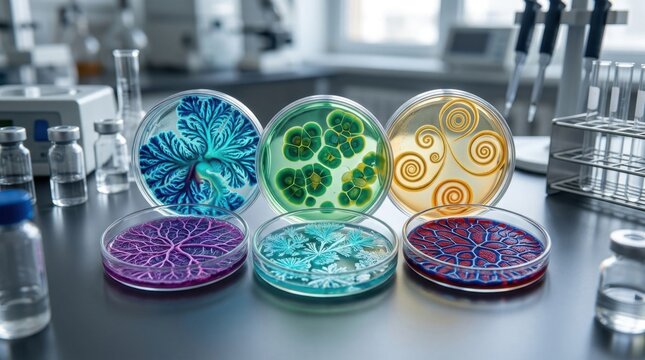 Colorful microbial cultures in petri dishes on a laboratory table, science research and health investigation