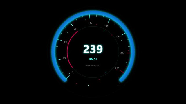 Digital speedometer dashboard display with neon blue and red interface