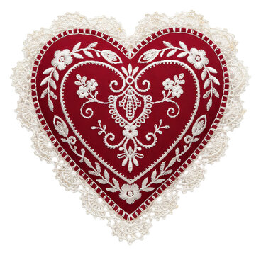 Embroidered Red Heart Pillow with White Lace Trim.