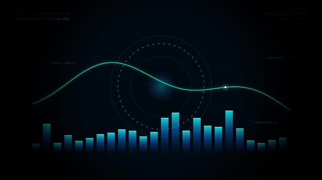 Digital financial data visualization with glowing blue bar charts and trend line