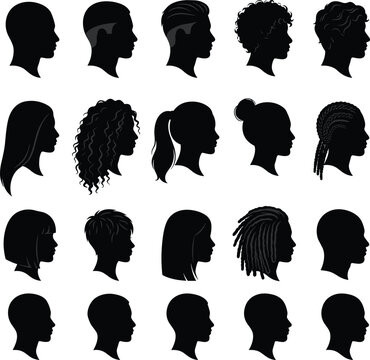 Diverse Men and Women Silhouette Headshots Set Featuring Various Haircuts and Hairstyle Profiles