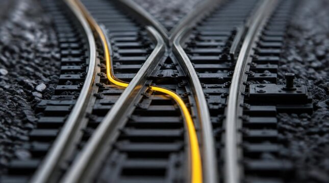Close-up of diverging railroad tracks with a bright yellow line highlighting one path forward, symbolizing choice and decision.