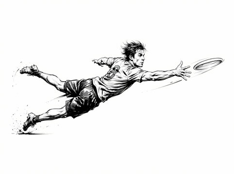 A dynamic black and white sketch of an ultimate frisbee player diving to catch a disc.