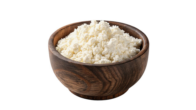 Wooden bowl filled with fresh cottage cheese isolated on transparent background