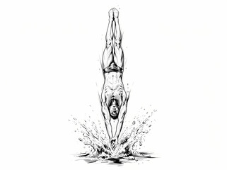 Obraz premium A detailed black and white sketch of a professional diver entering the water.