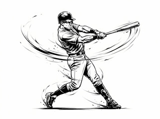Obraz premium Dynamic black and white illustration of a baseball player swinging a bat.