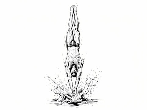 A detailed black and white sketch of a professional diver entering the water.