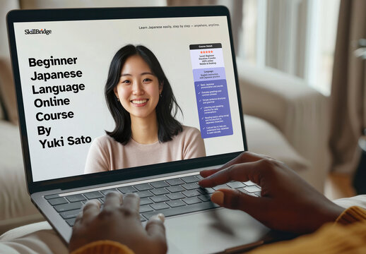 Laptop Mockup PSD With Asian Woman For Japanese Online Course Promo