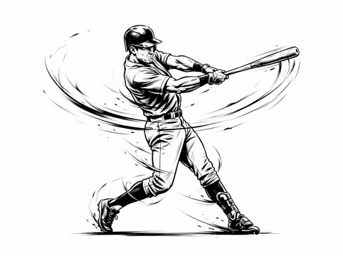 Dynamic black and white illustration of a baseball player swinging a bat.