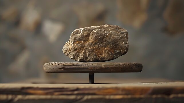 A single rough rock is dramatically suspended above a wooden stand in a dimly lit setting.