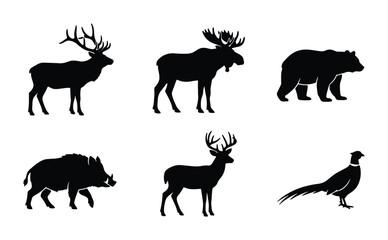 Obraz premium Wildlife Silhouette Collection: Deer, Moose, Bear, Boar, Pheasant Vector Icons for Nature and Hunting Graphics